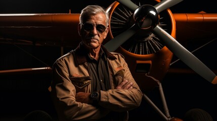 Senior pilot in 60s beside vintage propeller plane portrait