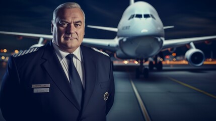 Experienced airline captain intense portrait beside Boeing 747 jumbo jet