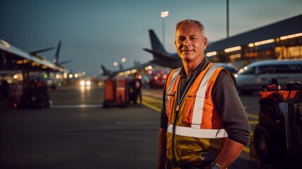 Pilot coordinating ground operations at busy airport portrait
