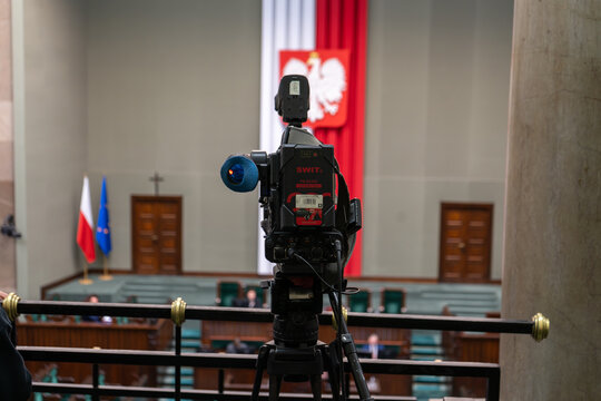 Television camera in Sejm Meeting Hall, for broadcasting of the sessions of the Polish Parliament. Sejm and Senate Rzeczypospolitej Polskiej building complex on February 21, 2024 in Warsaw, Poland.