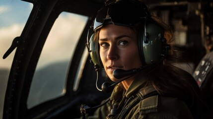Determined pilot in her early 30s artfully maneuvering helicopter during search and rescue mission close-up