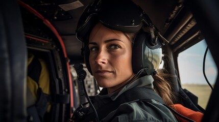 Close-up of determined pilot artfully maneuvering helicopter during search and rescue mission soft natural lighting