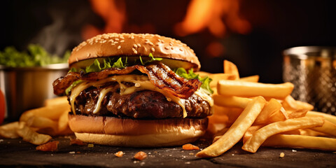 A plate of freshly grilled burger - obrazy, fototapety, plakaty
