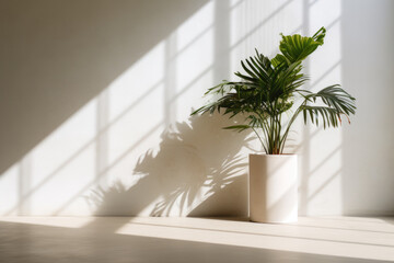 Houseplant in a flowerpot sits by a window casting a shadow on the wall. House plant in empty room background