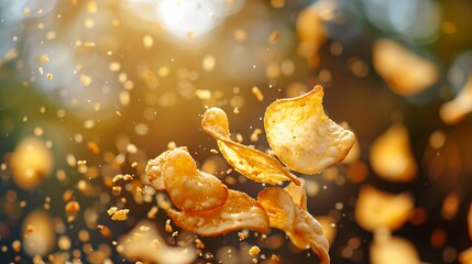 Potato chips hit and crushed into small pieces with vivid colors, shallow depth of field.