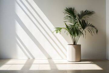 Houseplant background. Tropical house plant in a flowerpot sits by a window in empry room interior