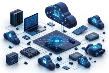 Seamless cloud integration: connecting computer to server for online storage, utilizing cloud technology for computing, and linking devices to data center, including tablets, phones, and home devices.