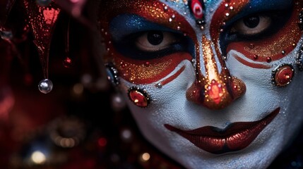 Clown prepares for magical trick under spotlight glow - obrazy, fototapety, plakaty