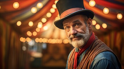 Circus clown stands in front of vintage tent with warm lighting