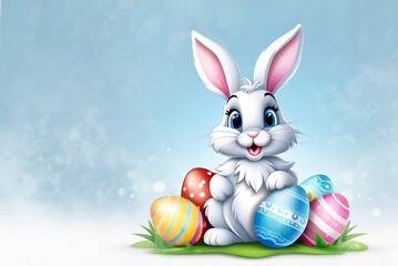 White rabbit with pink ears sit in grass with Easter eggs. Greeting cards, printing