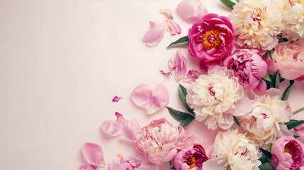 Obraz na płótnie Canvas Pink peonies on white minimalism background