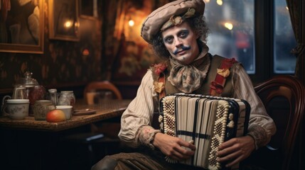 Vintage Pierrot clown sits in rustic French café - obrazy, fototapety, plakaty
