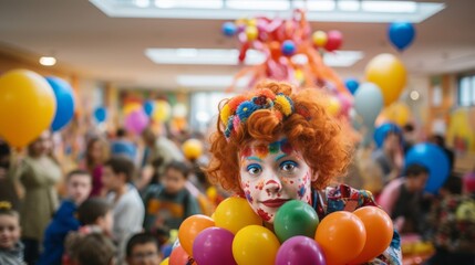 Fototapeta na wymiar Determined clown twists colorful balloons at children's party