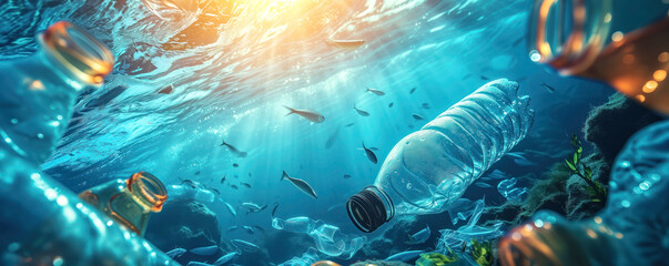 Conceptual background of the water pollution with plastic. - obrazy, fototapety, plakaty