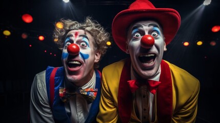Professional clown duo engage in slapstick routine under bright lights