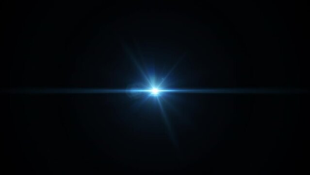 Abstract loop center flickering glow blue star optical shine light lens flares animation on black background. 4K seamless loop dynamic kinetic bright star light rays effect. 