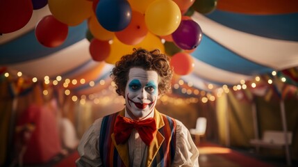 Fototapeta premium Inquisitive clown framed by colorful balloons and festive tent
