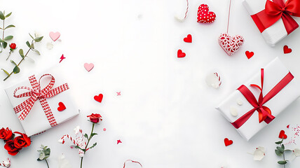 Flat lay white background with gift box and valentine's day decor details