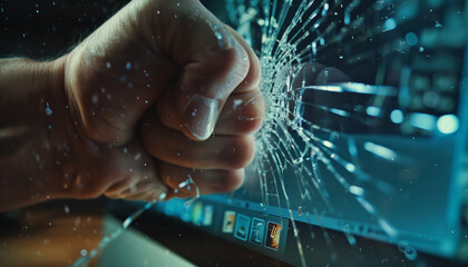 Fist shatters glass on monitor display and computer, anger at computer