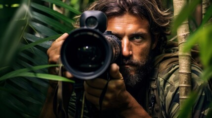 Wildlife photographer hidden in jungle blind focuses on rare bird