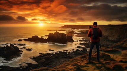 Portrait of photographer capturing sunset landscape with camera on tripod