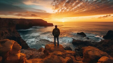 Photographer captures sunset landscape with camera on tripod on rocky cliff