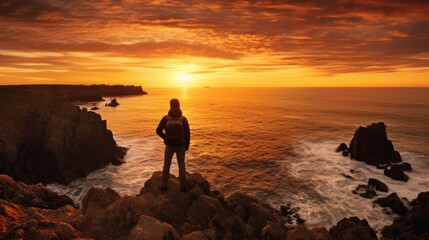 Photographer captures stunning sunset with camera on tripod on rocky cliff