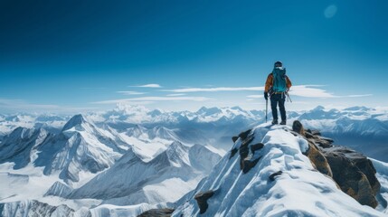 Naklejka na ściany i meble Portrait of adventure photographer on snow-covered peak with camera