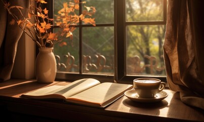 A picture of coffee on the desk under the window, a book spread out and curtains blowing in the wind.