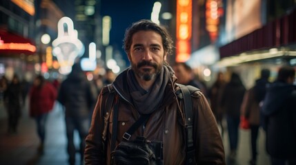 Fototapeta premium Street photographer captures urban life with vintage camera around neck