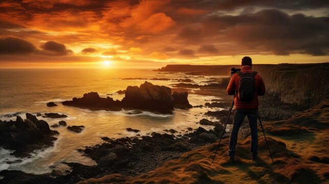 Portrait of photographer capturing sunset landscape with camera on tripod - Powered by Adobe