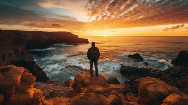 Photographer captures sunset landscape with camera on tripod on rocky cliff - Powered by Adobe