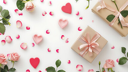 Flat lay white background with gift box and valentine's day decor details
