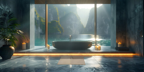 Bathroom interior with bathtub,  Modern Hotel Bathroom Luxurious With A Beach View