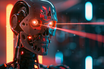 angry AI robot shooting lasers from its eyes. a sense of urgency and danger. futuristic theme and high-energy visuals for conveying themes of technology, conflict, and artificial intelligence.