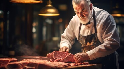 Close-up of butcher expertly trimming prime steak in high-end restaurant kitchen