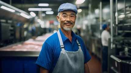 Fotobehang Portrait of modern butcher in high-tech meat processing facility © javier