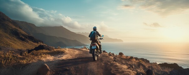 Back view of man riding a off-road motorcycle, going up to steep cliff. - obrazy, fototapety, plakaty