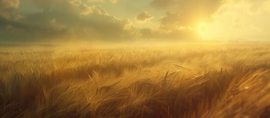 A painting depicting a field of ripe wheat against a sunset backdrop. The golden wheat sways in the breeze under the warm hues of the setting sun, creating a serene and peaceful scene.