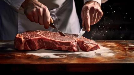 Gordijnen Butcher prepares custom-cut T-bone steak under precise lighting of gourmet kitchen © javier