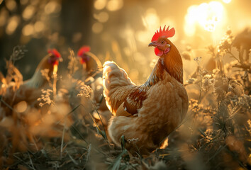 Beautiful chicken grazes in nature. The concept of natural organic farming. Сhicken in the yard, household.