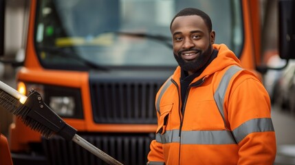 Portrait of urban sanitation worker beside sleek street sweeper machine