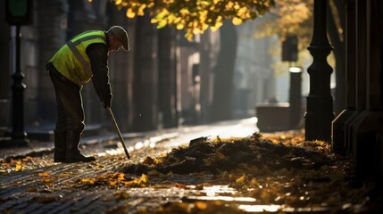 Street cleaner manually sweeps leaves from picturesque cobblestone street - obrazy, fototapety, plakaty