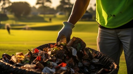 Close-up of sanitation worker collecting litter from well-kept park lawn