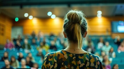 Female speaks to a large audience, rear view female teacher giving a lecture in an auditorium with students in the background at university