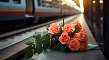 Close up of a discarded bouquet of roses at train station.