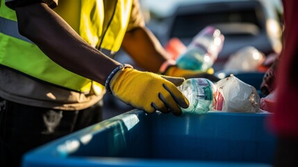 Sanitation worker collects recyclable materials from curb-side bin in natural sunlight