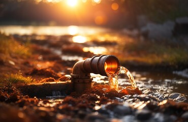 Old rusty pipe discharging wastewater into a stream at sunset - obrazy, fototapety, plakaty