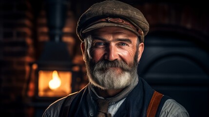 Obraz premium Portrait of determined chimney sweep emerging from old-world chimney dressed in classic attire
