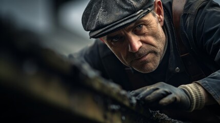 Fototapeta premium Close-up capturing chimney sweep's expertise inspecting and repairing chimney cap under soft natural light